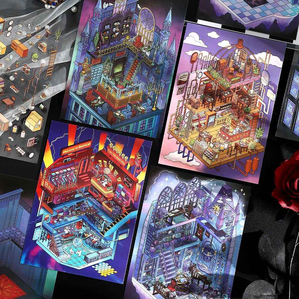 Vintage Horror Series – 3D Miniature Scene Stickers – 4 Theme Sets: Haunted Bank | Ghost Bar | Deep Sea Castle | Pipeline Café