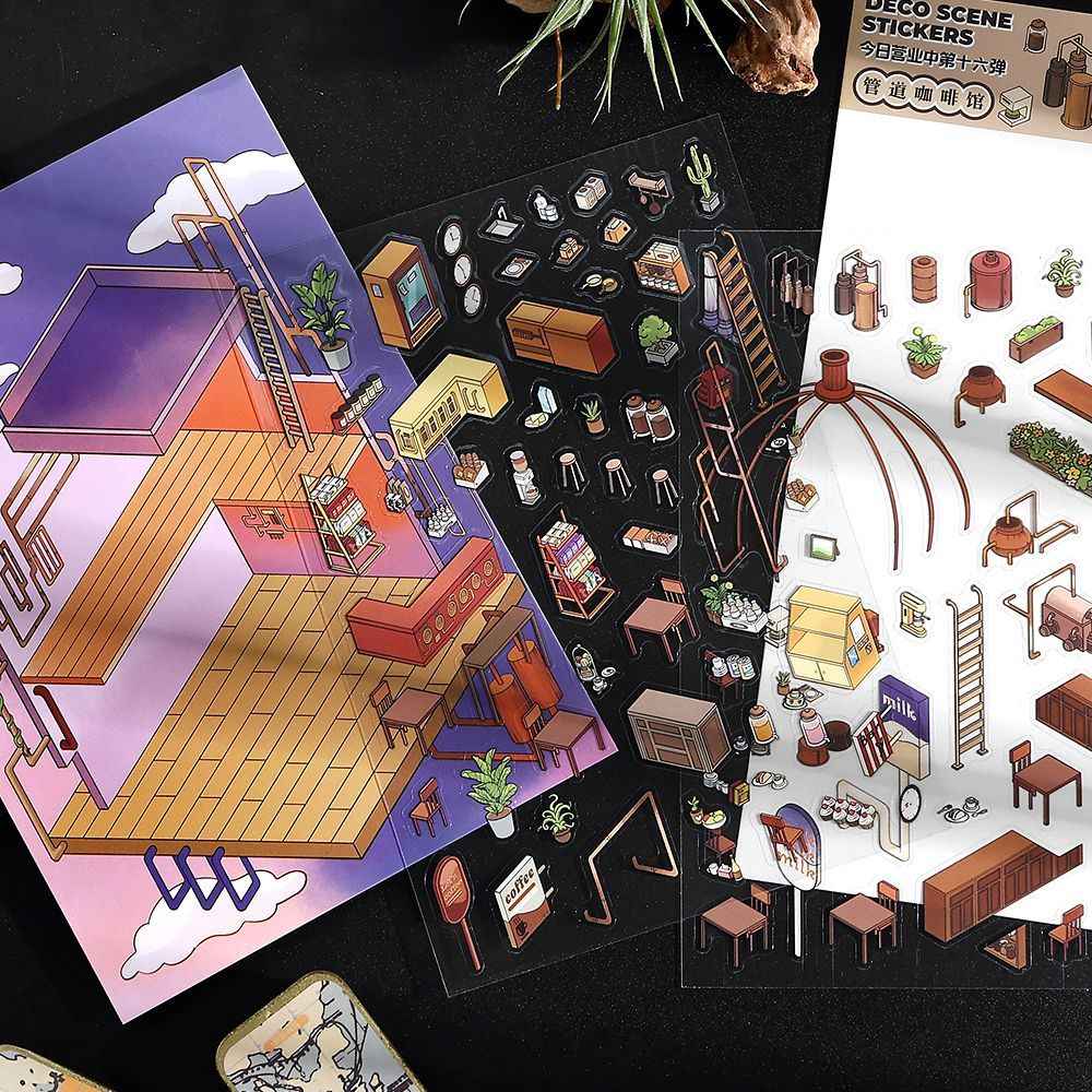 Vintage Horror Series – 3D Miniature Scene Stickers – 4 Theme Sets: Haunted Bank | Ghost Bar | Deep Sea Castle | Pipeline Café