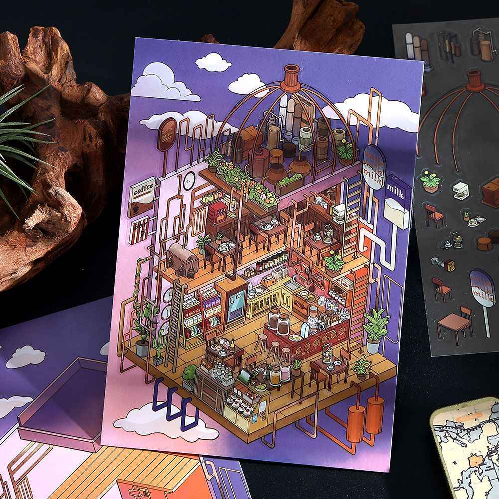 Vintage Horror Series – 3D Miniature Scene Stickers – 4 Theme Sets: Haunted Bank | Ghost Bar | Deep Sea Castle | Pipeline Café