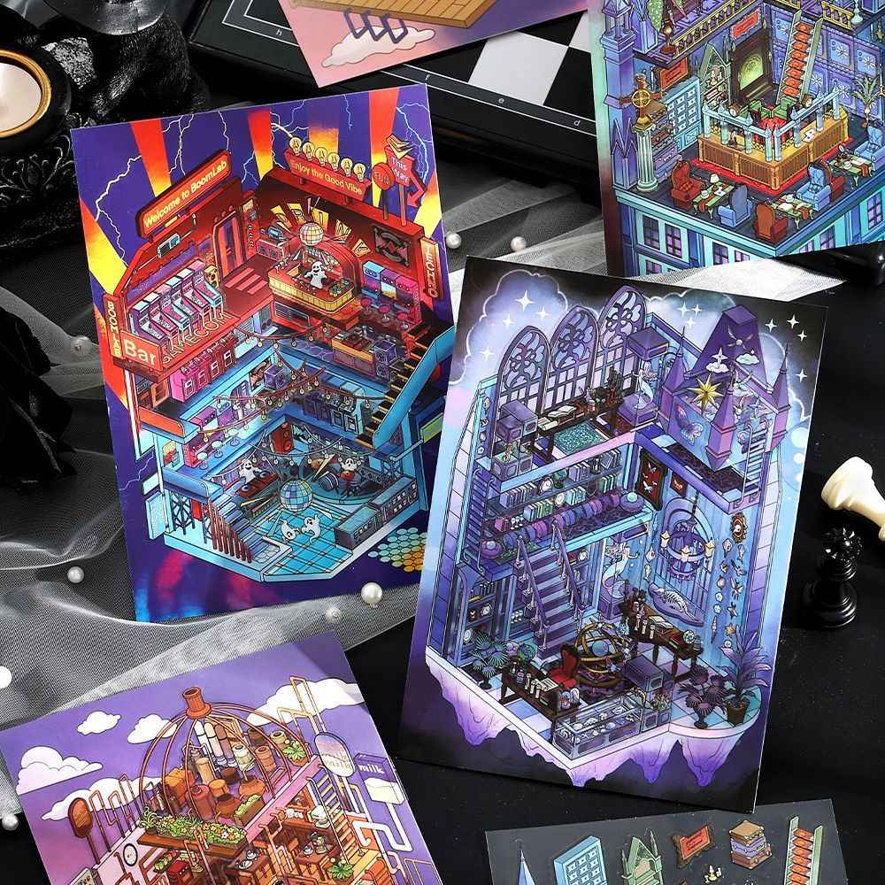 Vintage Horror Series – 3D Miniature Scene Stickers – 4 Theme Sets: Haunted Bank | Ghost Bar | Deep Sea Castle | Pipeline Café