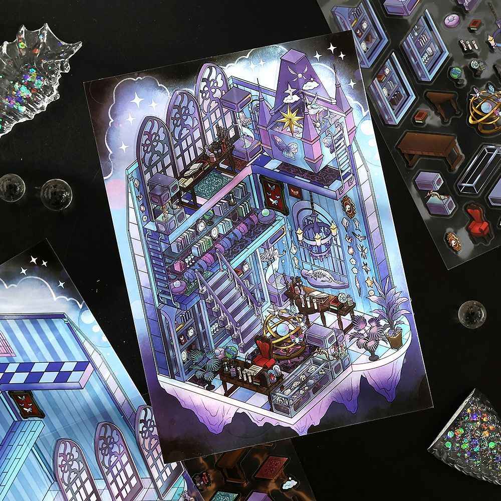 Vintage Horror Series – 3D Miniature Scene Stickers – 4 Theme Sets: Haunted Bank | Ghost Bar | Deep Sea Castle | Pipeline Café