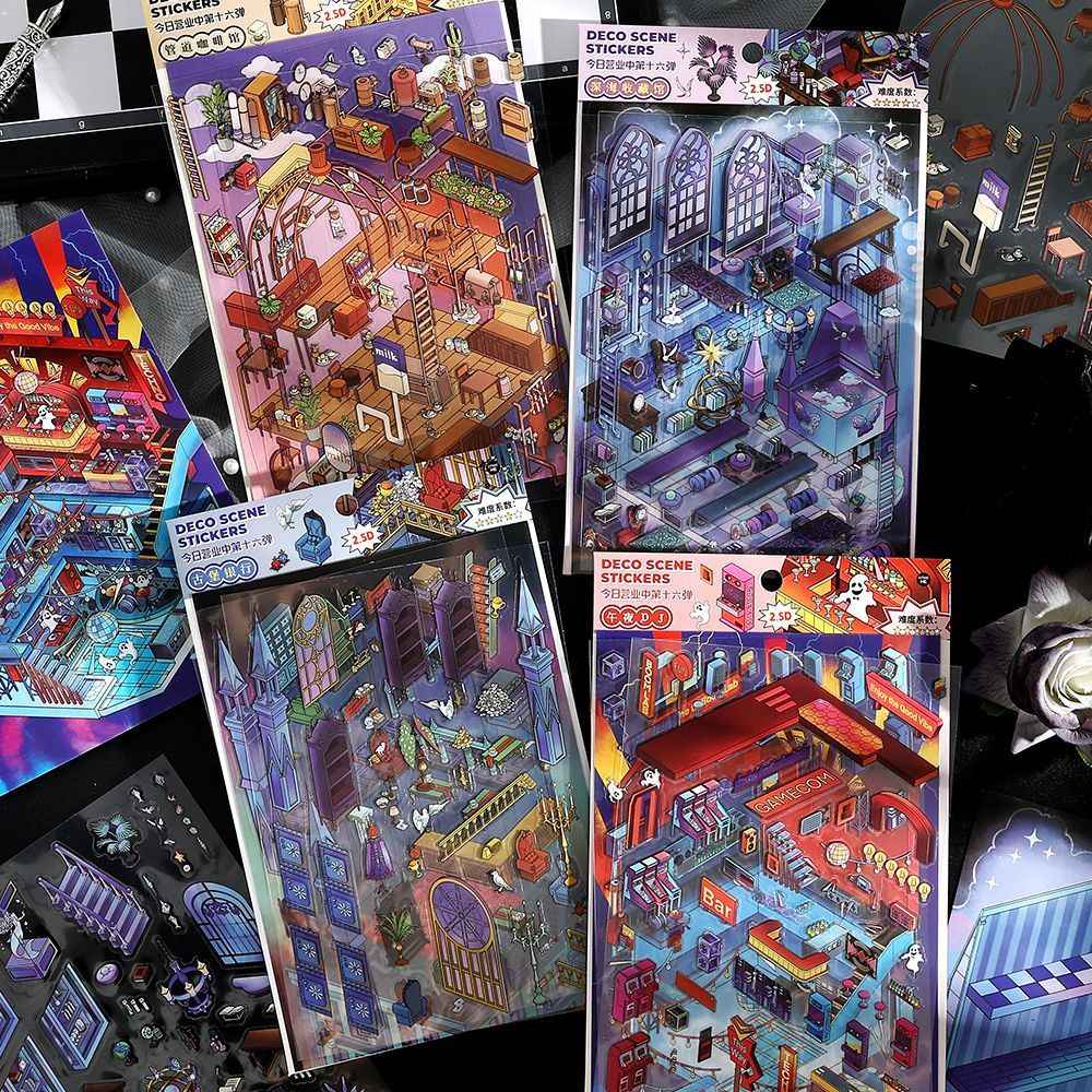 Vintage Horror Series – 3D Miniature Scene Stickers – 4 Theme Sets: Haunted Bank | Ghost Bar | Deep Sea Castle | Pipeline Café