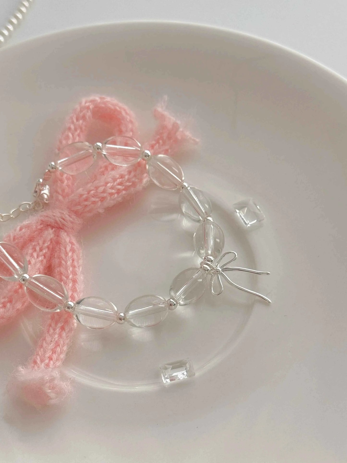 "White lce Crystal" 925 Sterling Silver Bowknot WhiteCrystal Bead Bracelet-Delicate,Pure, and Elegant