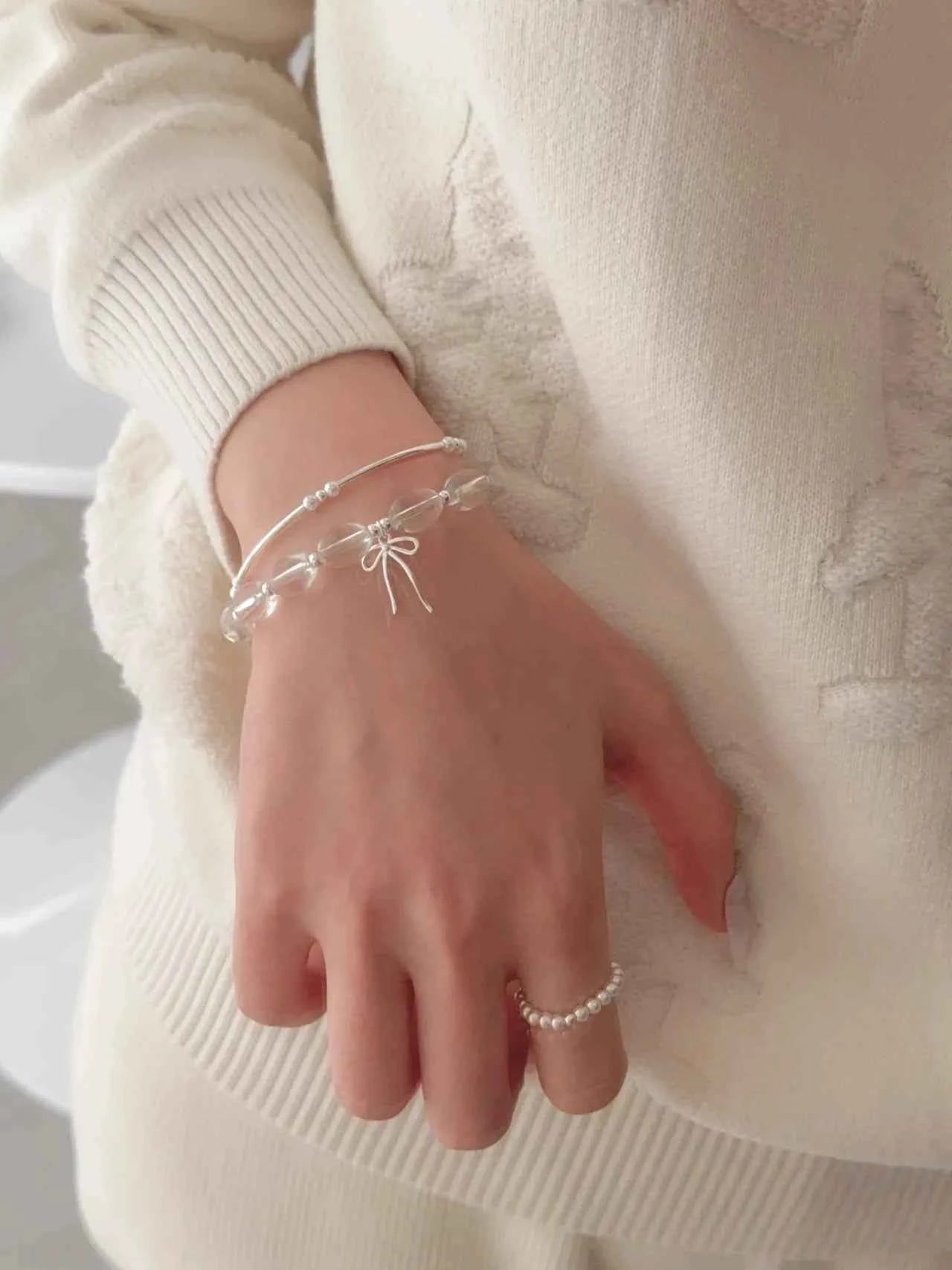 "White lce Crystal" 925 Sterling Silver Bowknot WhiteCrystal Bead Bracelet-Delicate,Pure, and Elegant