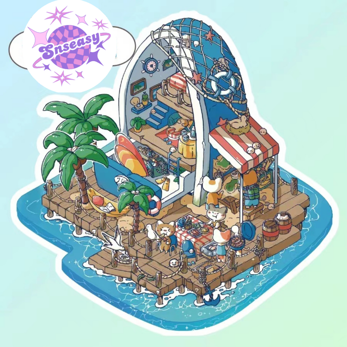 Cute Cat 5.0 – 3D Sticker Scenes - 5 Theme Sets: Cat Seafood Restaurant | Cat Seafood Holiday Villa | Cat & Capybara Hot Springs | Cat & Bunny New Year's Cottage | Cat Mexican Taco Shop