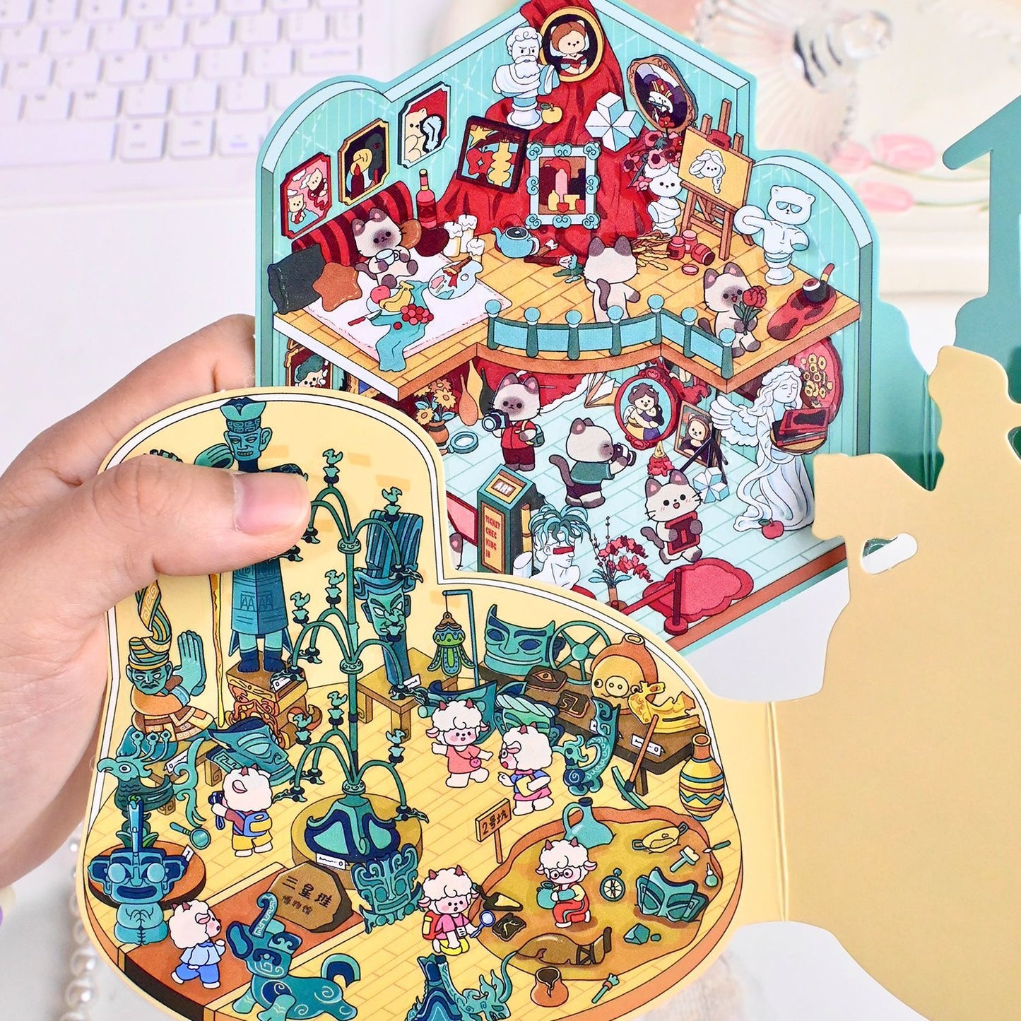 Cute Animals Visit the Museum – 3D Miniature Scene Stickers (Flip-Open Plus Size) – 4 Theme Sets: Dog Opera House | Cat Aquarium | Cat Art Museum | Sheep Sanxingdui Museum