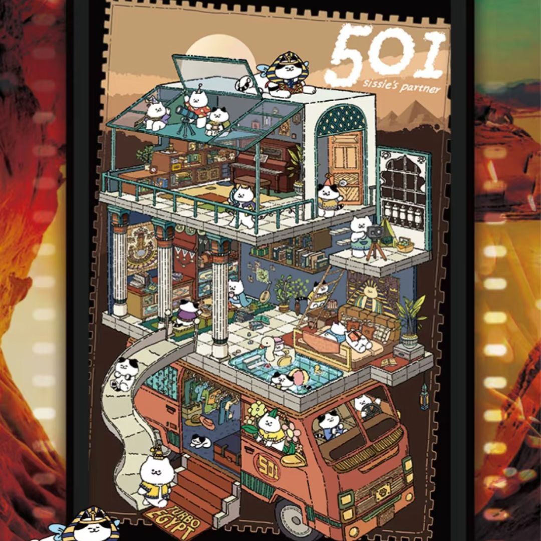 Traveler’s Diary – 3D Miniature Sticker Scenes - 4 Theme Sets: Mexico Train Party | Dunhuang Mural | Egyptian Stroll | Cute Cat Café