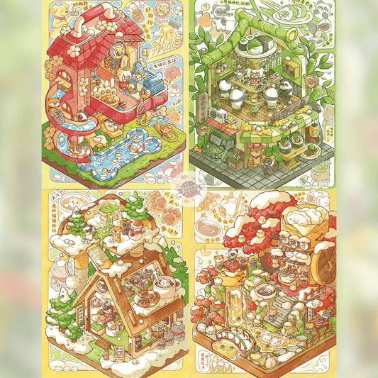 Cute Animals Happy Shops – 3D Miniature Scene Stickers – 4 Theme Sets: Cat Tree Café | Panda Sushi Bar | Doggy Grooming Salon | Little Bear Dumpling Shop