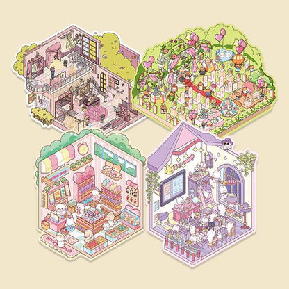Cute Shop Simulation – 3D Miniature Sticker Scenes - 8 Theme Set: Youran Tea Event | Hot Pot Restaurant | Furniture Store | Small Tailor Shop | Magic Classroom | Convenience Store | Wedding Store | Wedding Venue