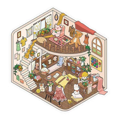 Cute Shop Simulation – 3D Miniature Sticker Scenes - 8 Theme Set: Youran Tea Event | Hot Pot Restaurant | Furniture Store | Small Tailor Shop | Magic Classroom | Convenience Store | Wedding Store | Wedding Venue
