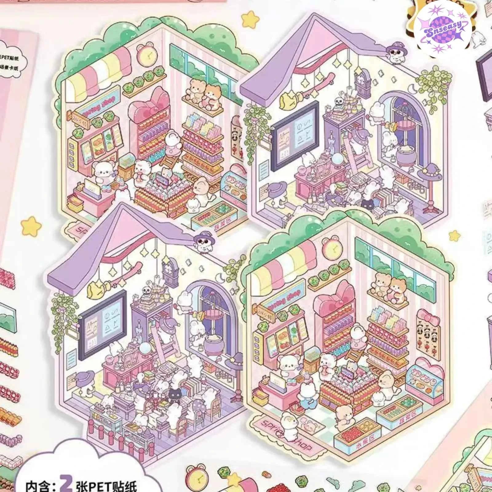 Cute Shop Simulation – 3D Miniature Sticker Scenes - 8 Theme Set: Youran Tea Event | Hot Pot Restaurant | Furniture Store | Small Tailor Shop | Magic Classroom | Convenience Store | Wedding Store | Wedding Venue