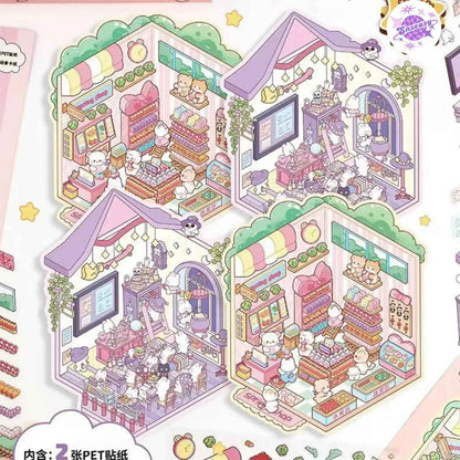 Cute Shop Simulation – 3D Miniature Sticker Scenes - 8 Theme Set: Youran Tea Event | Hot Pot Restaurant | Furniture Store | Small Tailor Shop | Magic Classroom | Convenience Store | Wedding Store | Wedding Venue