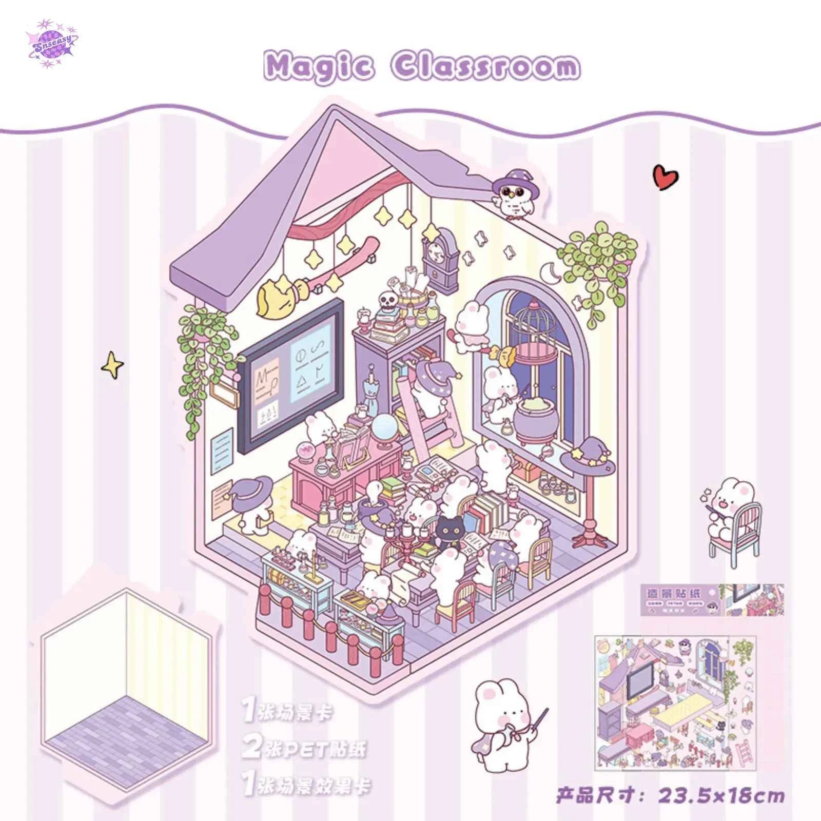 Cute Shop Simulation – 3D Miniature Sticker Scenes - 8 Theme Set: Youran Tea Event | Hot Pot Restaurant | Furniture Store | Small Tailor Shop | Magic Classroom | Convenience Store | Wedding Store | Wedding Venue