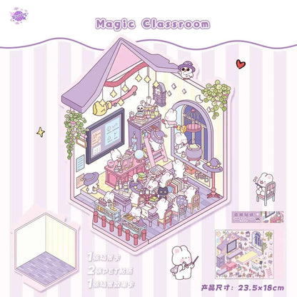 Cute Shop Simulation – 3D Miniature Sticker Scenes - 8 Theme Set: Youran Tea Event | Hot Pot Restaurant | Furniture Store | Small Tailor Shop | Magic Classroom | Convenience Store | Wedding Store | Wedding Venue