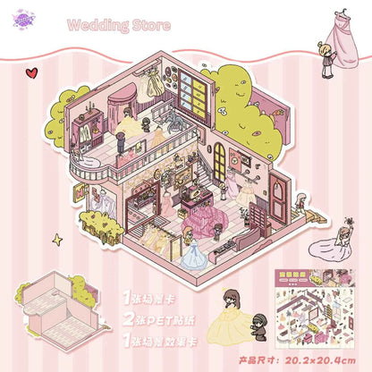 Cute Shop Simulation – 3D Miniature Sticker Scenes - 8 Theme Set: Youran Tea Event | Hot Pot Restaurant | Furniture Store | Small Tailor Shop | Magic Classroom | Convenience Store | Wedding Store | Wedding Venue