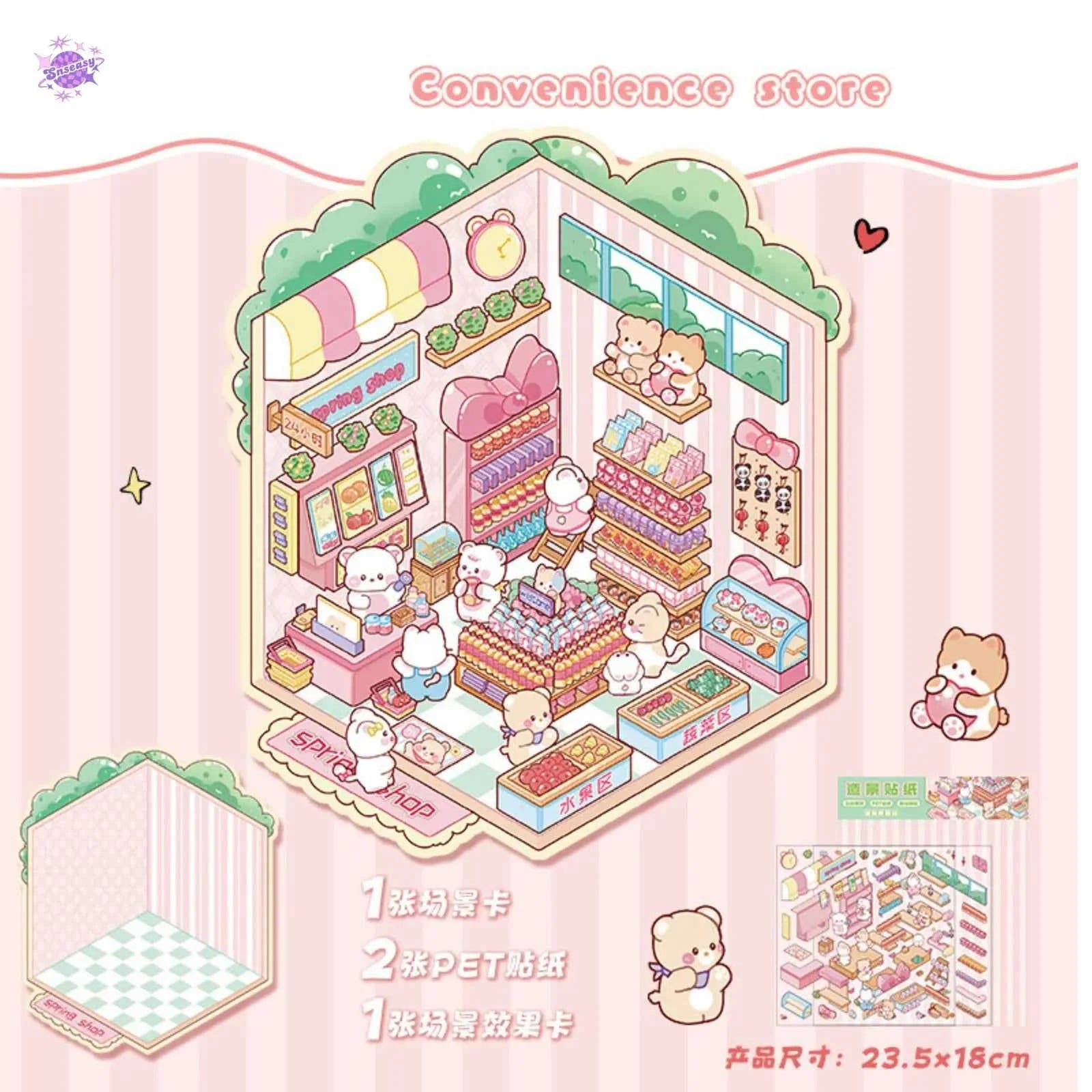 Cute Shop Simulation – 3D Miniature Sticker Scenes - 8 Theme Set: Youran Tea Event | Hot Pot Restaurant | Furniture Store | Small Tailor Shop | Magic Classroom | Convenience Store | Wedding Store | Wedding Venue