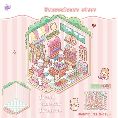 Cute Shop Simulation – 3D Miniature Sticker Scenes - 8 Theme Set: Youran Tea Event | Hot Pot Restaurant | Furniture Store | Small Tailor Shop | Magic Classroom | Convenience Store | Wedding Store | Wedding Venue
