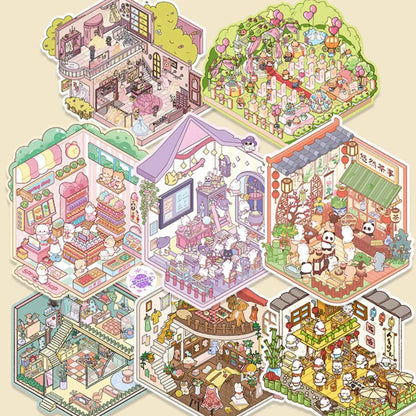 Cute Shop Simulation – 3D Miniature Sticker Scenes - 8 Theme Set: Youran Tea Event | Hot Pot Restaurant | Furniture Store | Small Tailor Shop | Magic Classroom | Convenience Store | Wedding Store | Wedding Venue