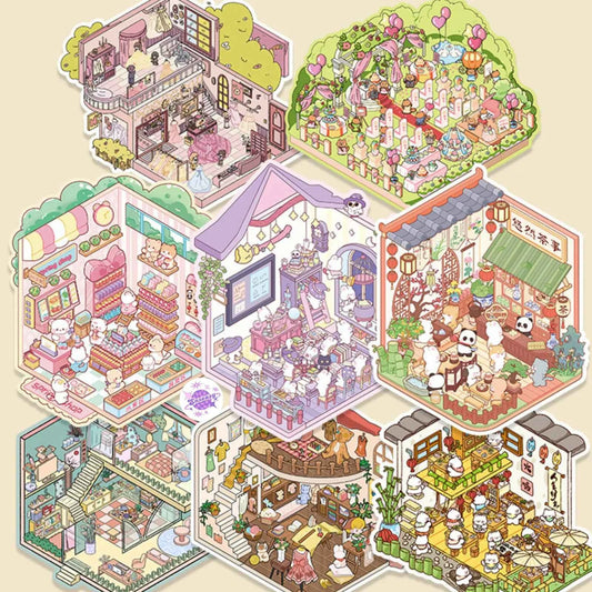 Cute Shop Simulation – 3D Miniature Sticker Scenes - 8 Theme Set: Youran Tea Event | Hot Pot Restaurant | Furniture Store | Small Tailor Shop | Magic Classroom | Convenience Store | Wedding Store | Wedding Venue