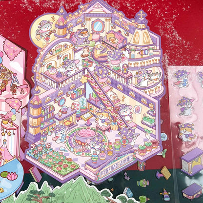 Cute Animals 15.0 – 3D DIY Miniature Sticker Scenes - 3 Theme Set: Cat Magic House | Panda Teahouse | Amusement Park