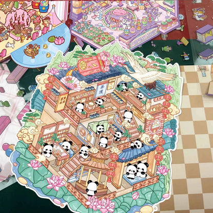 Cute Animals 15.0 – 3D DIY Miniature Sticker Scenes - 3 Theme Set: Cat Magic House | Panda Teahouse | Amusement Park