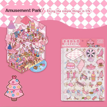 Cute Animals 15.0 – 3D DIY Miniature Sticker Scenes - 3 Theme Set: Cat Magic House | Panda Teahouse | Amusement Park