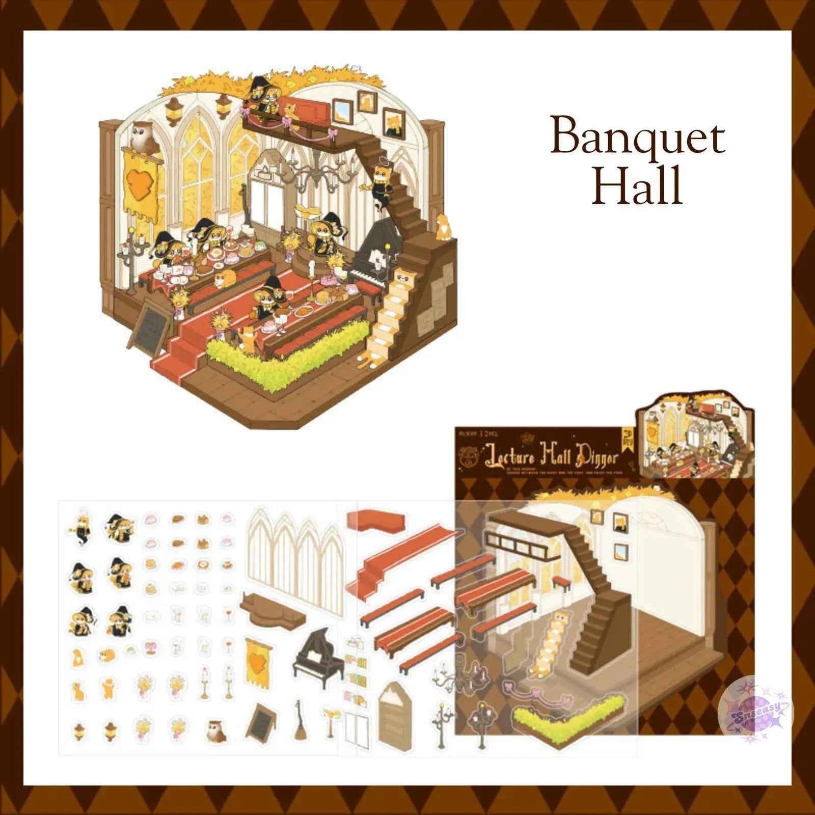 Magic Cat Series – 3D Miniature Sticker Scenes - 4 Theme Sets: Banquet Hall | Magic Classroom | Magic Train Station | Wizard Town