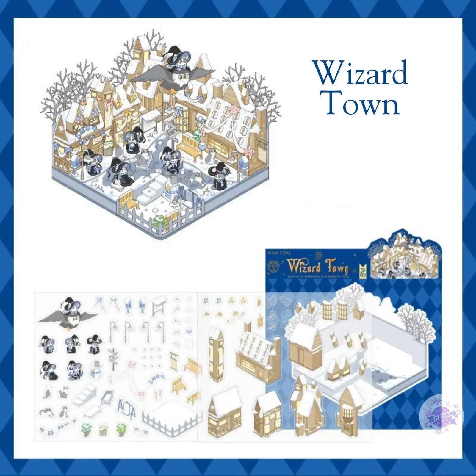 Magic Cat Series – 3D Miniature Sticker Scenes - 4 Theme Sets: Banquet Hall | Magic Classroom | Magic Train Station | Wizard Town