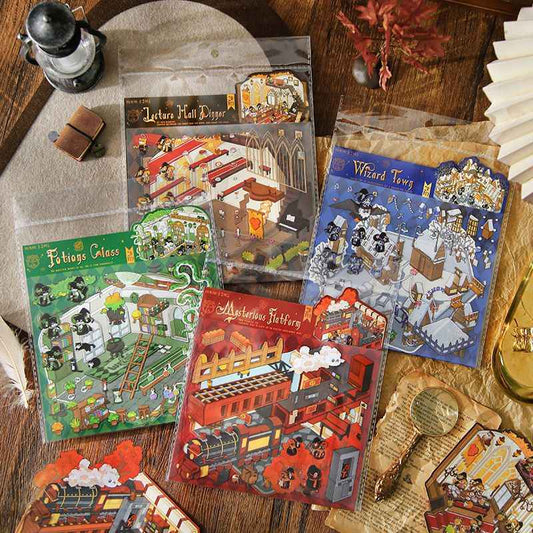Magic Cat Series – 3D Miniature Sticker Scenes - 4 Theme Sets: Banquet Hall | Magic Classroom | Magic Train Station | Wizard Town
