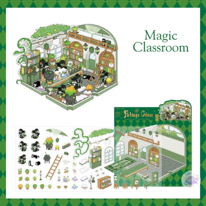 Magic Cat Series – 3D Miniature Sticker Scenes - 4 Theme Sets: Banquet Hall | Magic Classroom | Magic Train Station | Wizard Town