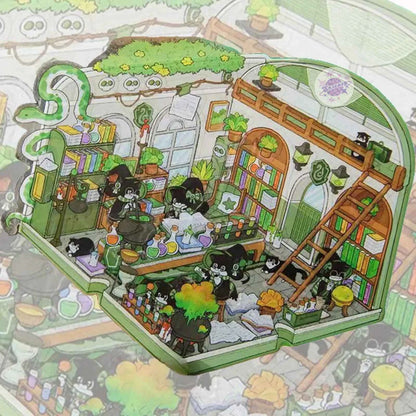 Magic Cat Series – 3D Miniature Sticker Scenes - 4 Theme Sets: Banquet Hall | Magic Classroom | Magic Train Station | Wizard Town