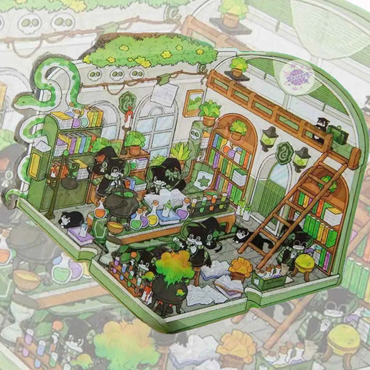 Magic Cat Series – 3D Miniature Sticker Scenes - 4 Theme Sets: Banquet Hall | Magic Classroom | Magic Train Station | Wizard Town
