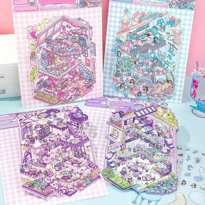 Cute Animals 16.0 – 3D Miniature Sticker Scenes - 4 Theme Sets: Pink Villa | Deep Sea Castle | Academy of Magic | Ghost Town