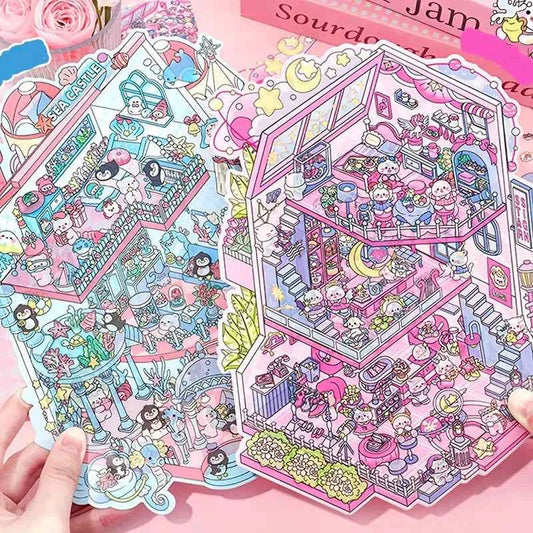 Cute Animals 16.0 – 3D Miniature Sticker Scenes - 4 Theme Sets: Pink Villa | Deep Sea Castle | Academy of Magic | Ghost Town