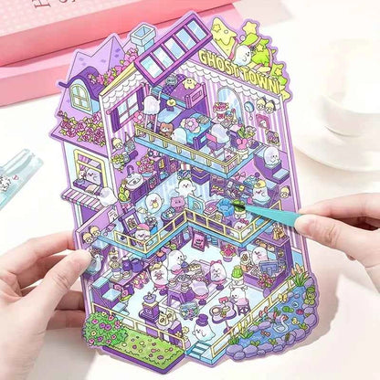 Cute Animals 16.0 – 3D Miniature Sticker Scenes - 4 Theme Sets: Pink Villa | Deep Sea Castle | Academy of Magic | Ghost Town