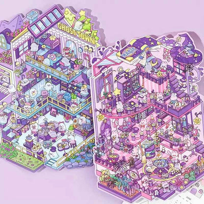 Cute Animals 16.0 – 3D Miniature Sticker Scenes - 4 Theme Sets: Pink Villa | Deep Sea Castle | Academy of Magic | Ghost Town