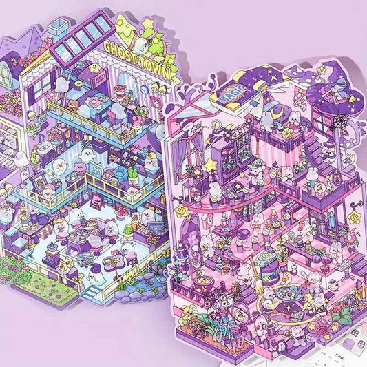Cute Animals 16.0 – 3D Miniature Sticker Scenes - 4 Theme Sets: Pink Villa | Deep Sea Castle | Academy of Magic | Ghost Town