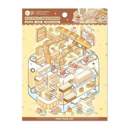 Creamy Bear Series – 3D Miniature Sticker Scenes - 4 Theme Sets: Bear Pastry Shop | Bear Bakery | Bear Café | Bear Clothing Store