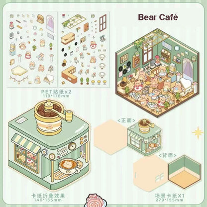 Creamy Bear Series – 3D Miniature Sticker Scenes - 4 Theme Sets: Bear Pastry Shop | Bear Bakery | Bear Café | Bear Clothing Store