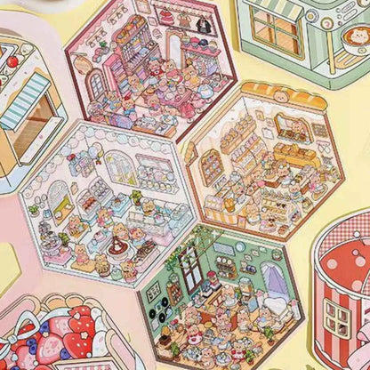 Creamy Bear Series – 3D Miniature Sticker Scenes - 4 Theme Sets: Bear Pastry Shop | Bear Bakery | Bear Café | Bear Clothing Store