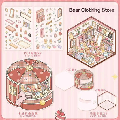 Creamy Bear Series – 3D Miniature Sticker Scenes - 4 Theme Sets: Bear Pastry Shop | Bear Bakery | Bear Café | Bear Clothing Store