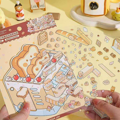 Creamy Bear Series – 3D Miniature Sticker Scenes - 4 Theme Sets: Bear Pastry Shop | Bear Bakery | Bear Café | Bear Clothing Store