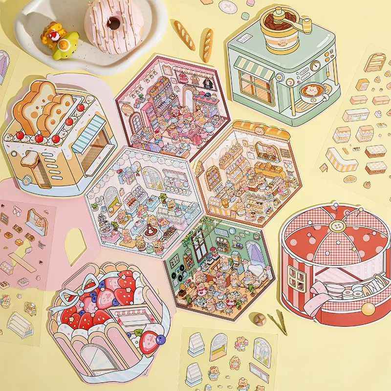 Creamy Bear Series – 3D Miniature Sticker Scenes - 4 Theme Sets: Bear Pastry Shop | Bear Bakery | Bear Café | Bear Clothing Store