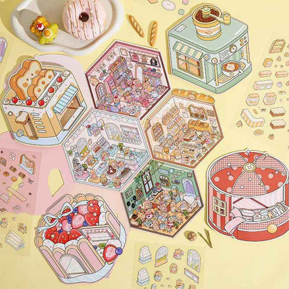 Creamy Bear Series – 3D Miniature Sticker Scenes - 4 Theme Sets: Bear Pastry Shop | Bear Bakery | Bear Café | Bear Clothing Store