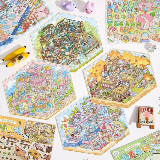 Cute Animals 17.0 – 3D Miniature Sticker Scenes &#8211; 4 Theme Sets Amusement Park Farm Yacht Bookstore (1 (4)