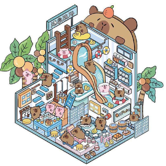 Cute Animals: Capybara Hot Spring – 3D DIY Miniature Scene Sticker