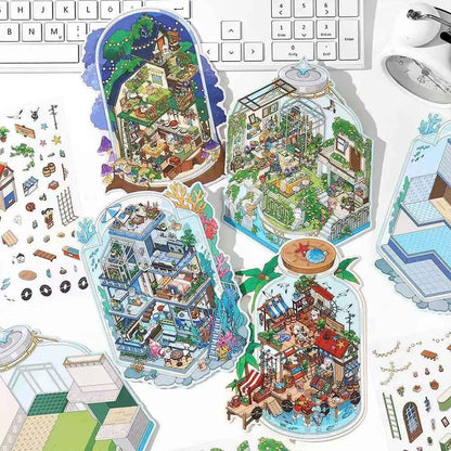 Fun Cottage – 3D Miniature Sticker Scenes - 4 Theme Sets: Seaside Market | Deep Sea Station | Garden Restaurant | Starry Sky Hotel