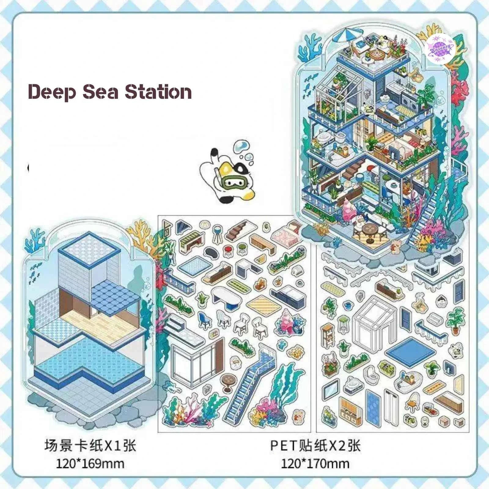 Fun Cottage – 3D Miniature Sticker Scenes - 4 Theme Sets: Seaside Market | Deep Sea Station | Garden Restaurant | Starry Sky Hotel