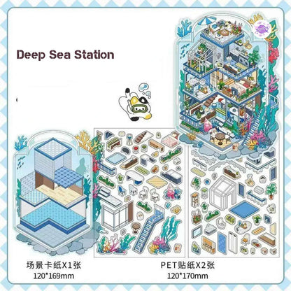 Fun Cottage – 3D Miniature Sticker Scenes - 4 Theme Sets: Seaside Market | Deep Sea Station | Garden Restaurant | Starry Sky Hotel