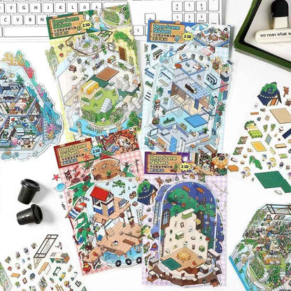 Fun Cottage – 3D Miniature Sticker Scenes - 4 Theme Sets: Seaside Market | Deep Sea Station | Garden Restaurant | Starry Sky Hotel